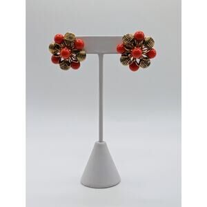 Vintage Coro Gold Tone Floral Clip Earrings Orange Bead Mid Century Costume